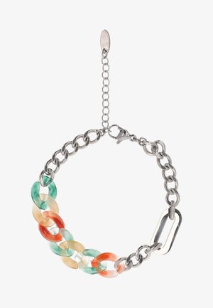 Srebrna bransoletka z łańcuszkiem z przezroczystych wielokolorowych ogniw w odcieniach zieleni, pomarańczy i beżu oraz zapięciem na karabińczyk z przedłużką.