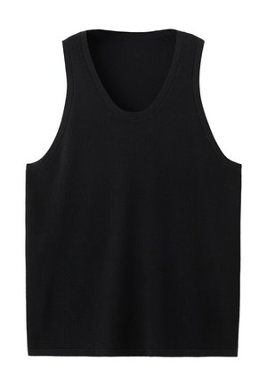 Zwarte mouwloze gebreide tanktop met ronde halslijn en rechte zoom, plat weergegeven op een witte achtergrond.