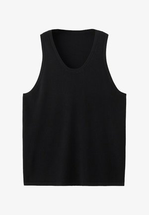 Zwarte mouwloze gebreide tanktop met ronde halslijn en rechte zoom, plat weergegeven op een witte achtergrond.