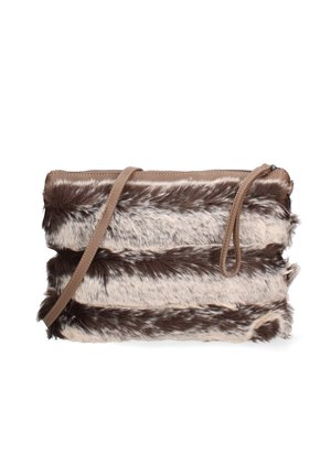 Rectangular clutch bag with brown and beige striped faux fur exterior and light brown leather strap and zipper closure.