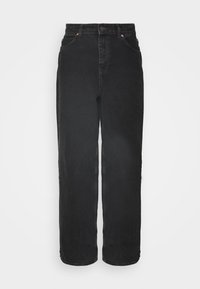 Černé džíny z denimu se rovnými nohavicemi, vysokým pasem, pěti kapsami a akcenty v měděné barvě na knoflících.