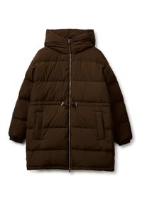 Hnědá prošívaná bunda s kapucí, se zapínáním na předním zipu, dvěma předními kapsami a elastickými manžetami, vyrobená z hladkého, povětrnostně odolného materiálu.