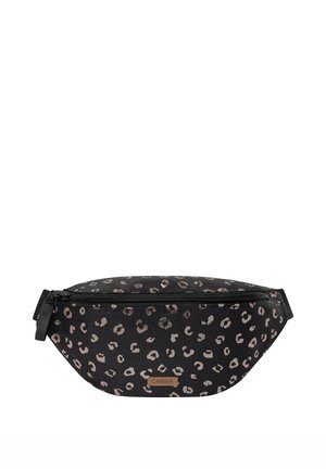 Black waist bag with beige leopard spots, a front zipper, and a small rectangular brown label with brand name.