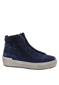 Granatowe zamszowe trampki za kostkę z teksturowaną, jasno-szarą gumową podeszwą i elastycznym sznurowaniem. Charakteryzują się wzmocnionym zapiętkiem i minimalistycznym designem.