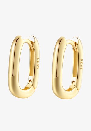 Złote kolczyki w kształcie wydłużonych owalów, z wypolerowaną powierzchnią i teksturowanym wnętrzem, oznaczone "S925" w celu wskazania zawartości srebra.