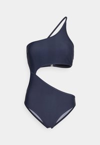 Marineblå ensidig badedrakt med utskjæringsdesign, glatt tekstur, minimal søm og en elegant silhuett.