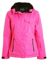 Jasně růžová zimní dámská bunda s černou fleecovou kapucí, předním zipem, kapsou na prsou s klopou a dvěma postranními kapsami se zipem.