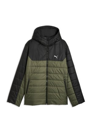 Schwarze und grüne wattierte Kapuzenjacke mit Frontreißverschluss, seitlichen Reißverschlusstaschen und weißem Puma-Logo auf der Brust.