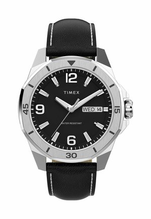 Timex watch with a black leather strap, round silver case, black dial, white hour markers, and date display. Water-resistant feature noted.
