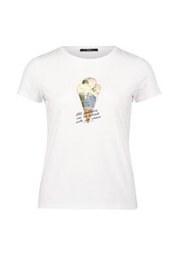 Hvid t-shirt med korte ærmer, der har et farverigt isvaffel grafik og teksten "Alle problemer kan løses med is."