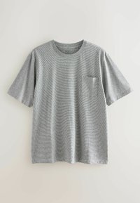 Gråstribet kortærmet t-shirt lavet af bomuld, med en rund halsudskæring og en lille brystlomme på venstre side.