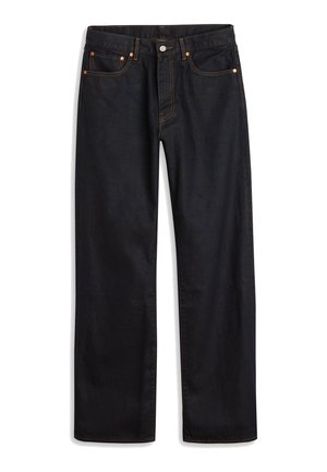 Svarta raka jeans med orange sömmar, femfickorsdesign, bälteshällor och framknäppning med knapp och dragkedja.