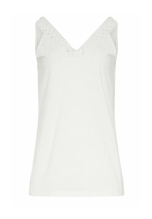 Wit mouwloos topje met een V-hals afgezet met kant en brede schouderbanden, afgebeeld tegen een effen achtergrond.