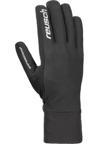Black gloves made of soft fabric, featuring a smooth texture and snug fit. Includes branding and a windproof design for insulation.