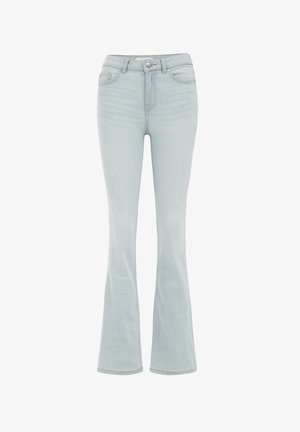 Gaiszilas zila flared džinsi, izgatavoti no denima, ar augstu jostasvietu, priekšējām kabatām un smalku izbalējušu tekstūru. Sudraba detaļas jostasvietā.