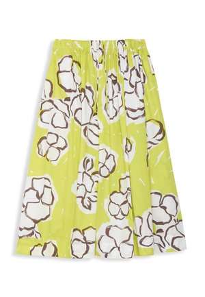 Jupe jaune avec de grands motifs floraux abstraits blancs et marron et une ceinture élastique.