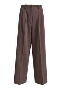 Braune weite Hosen aus glattem, leichtem Stoff mit vorderen Falten und einem klassischen Bund, die eine maßgeschneiderte Passform aufweisen.