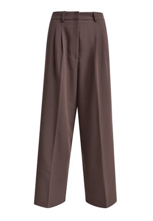 Braune weite Hosen aus glattem, leichtem Stoff mit vorderen Falten und einem klassischen Bund, die eine maßgeschneiderte Passform aufweisen.