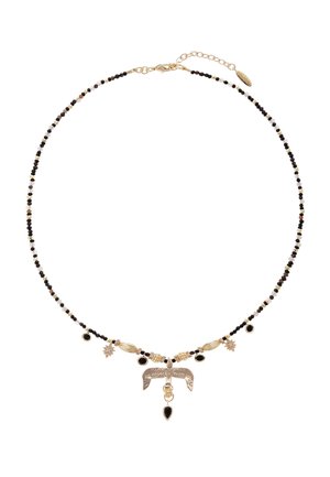 Beaded necklace featuring black and gold tones, with metallic accents and a central bird pendant. Adjustable chain for length variation.