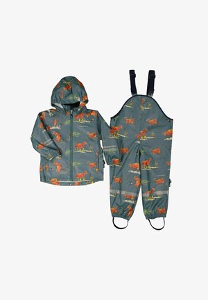 Vesikindel laste vihmajope ja püksikomplekt sinise rohelise värviga, millel on loomamuster, elastsed mansetid ja peegeldavad triibud nähtavuse tagamiseks.