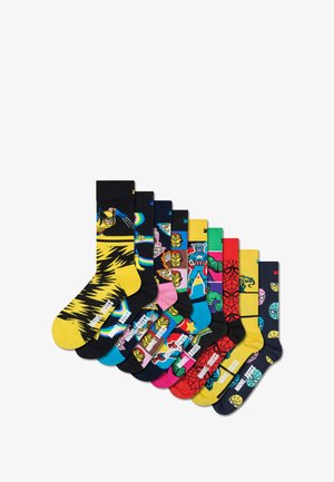 Set of colorful socks featuring various superhero designs. Materials include cotton blend, with patterns and vibrant colors of yellow, pink, and blue.