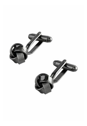 Metallmanschettenknöpfe mit einer eleganten schwarzen Oberfläche, die ein geknotetes Design und strukturierte Akzente aufweisen. Glatte und polierte Oberfläche mit einer minimalistischen Form.