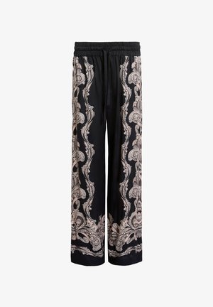 Mustat leveälahkeiset housut, joissa on monimutkainen beige paisley-kuvio sivuilla. Ne on valmistettu sileästä kankaasta ja varustettu joustavalla vyötäröllä sekä nyöritettävällä vyöllä.