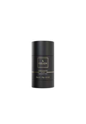 Bâtonnet déodorant cylindrique noir étiqueté "GISADA Switzerland Ambassador Intense", 75 ml, 76 g, 2,6 oz.
