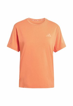 Kortärmad t-shirt i stark orange färg, med rund halsringning och diskret tre-randigt mönster på ärmarna, samt en liten logotypdetalj.