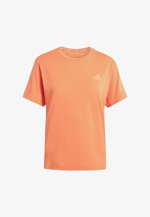 Kortärmad t-shirt i stark orange färg, med rund halsringning och diskret tre-randigt mönster på ärmarna, samt en liten logotypdetalj.