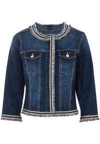 Džínová bunda tmavě modré barvy s roztrhaným lemem a límcem. Obsahuje dvě přední kapsy a zlaté akcenty stehu podél zapínání na knoflíky.