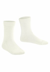 Weiße Baumwollmischsocken mit geripptem Bund, in mittlerer Wadenlänge, mit glatter Textur und verstärktem Zehen- und Fersenbereich.