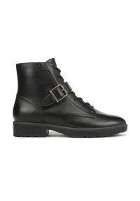 Bottines en cuir noir avec un bout arrondi, un laçage sur le devant et une touche de boucle sur le côté. Elles présentent une surface texturée et une semelle en caoutchouc.
