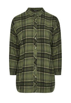 Green plaid button-up shirt made of soft fabric, featuring a classic collar, full-length sleeves, and rounded hem. Buttons are light green.