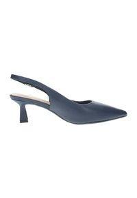 Décolleté slingback in pelle blu con punta affusolata e tacco basso a blocco. Presenta un'apertura laterale e una superficie liscia.