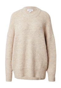 Beige gestrickter Pullover mit rundem Halsausschnitt, überschnittenen Schultern sowie gerippten Bündchen und Saum. Merkmale einen strukturierten, leicht lockeren Sitz.