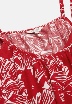 Rotes und weißes ärmelloses Kleid mit Blumenmuster, verstellbaren Trägern und gerafftem Ausschnitt, innen mit Cellbes-Markenlabel.