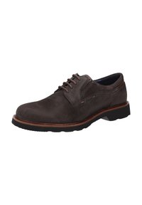Chaussure de ville derby pour homme en daim marron foncé avec un faible talon et des coutures sur fond blanc.