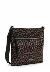 Tasche mit Leopardenmuster aus Stoff, ausgestattet mit einer vorderen Reißverschlusstasche, schwarzen Akzenten und einem verstellbaren Tragegurt für unterschiedliche Längen.