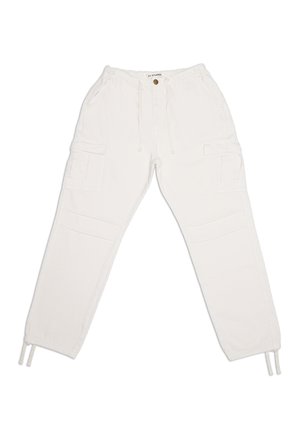 White cargo pants made of cotton with an elastic waistband, drawstring, multiple side pockets, and tapered legs.