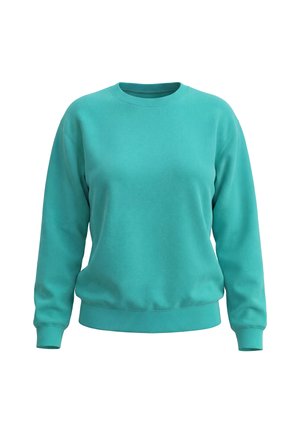Sweat-shirt turquoise à manches longues avec col rond, poignets et ourlet côtelés, présenté sur un fond blanc uni.