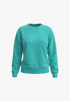 Sweat-shirt turquoise à manches longues avec col rond, poignets et ourlet côtelés, présenté sur un fond blanc uni.