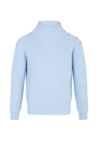 Maglione lavorato a maglia azzurro chiaro con collo alto e texture a costine. Presenta quattro bottoni decorativi sulla spalla sinistra.