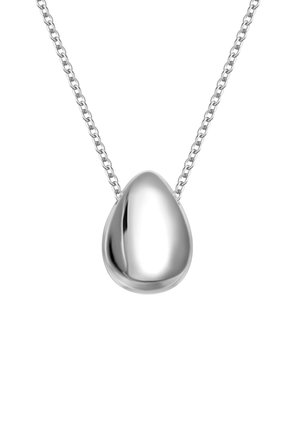 Ciondolo a goccia in argento su una sottile catena, caratterizzato da una superficie liscia e lucida e un design minimalista. La catena è composta da anelli uniti con spaziature uniformi.