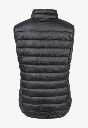 Black puffer vest with a high collar, quilted design, and sleeveless cut. Smooth, shiny texture with horizontal stitching patterns.