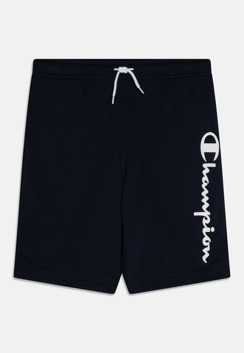 Bañadores de color azul marino oscuro, hechos de tela suave, con un cordón blanco y un destacado logo blanco de "Champion" en el costado.