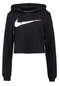 Černá zkrácená mikina s kapucí vyrobená z měkkého materiálu, s dlouhými rukávy a bílým logem Nike na hrudi. Kapuce na šňůrku. Jediný detail s štítkem.