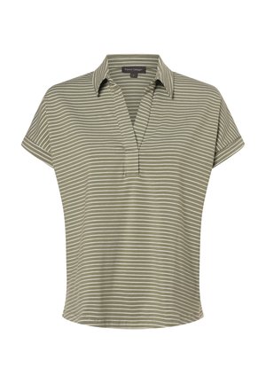 Olivgrünes kurzärmliges Blusenshirt mit weißen vertikalen Streifen, kragenlosem Halsauschnitt und lässiger Passform. Weicher Stoff mit glatter Textur.