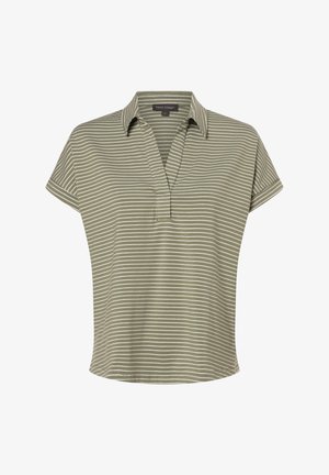 Olivgrünes kurzärmliges Blusenshirt mit weißen vertikalen Streifen, kragenlosem Halsauschnitt und lässiger Passform. Weicher Stoff mit glatter Textur.