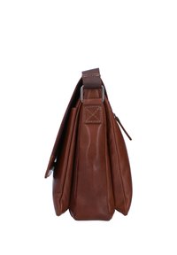 Brown leather messenger bag viewed from the side, showing multiple compartments and stitched strap attachment with metal buckle.